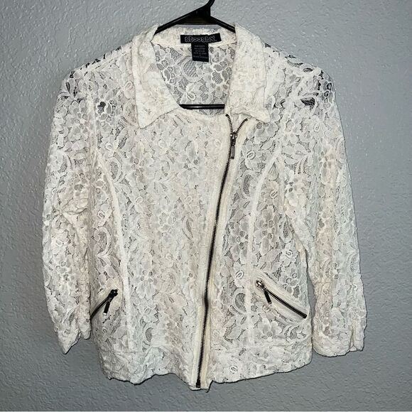 Stooshy Womens Floral Collared Full Zip Long Sleeve Sheer Lace Jacket Ivory XS/S - Picture 1 of 9